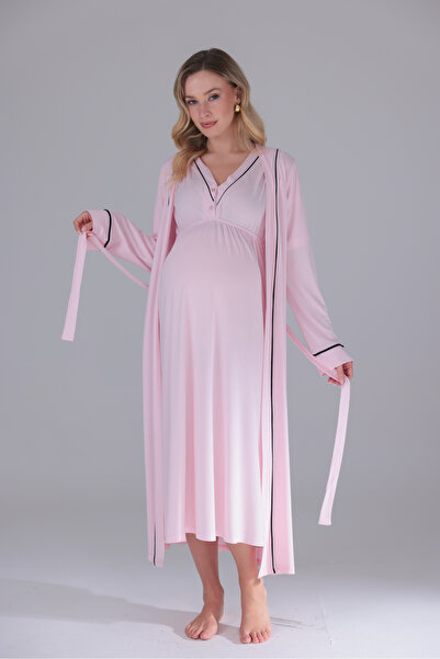 Yulem Homewear Powder Piping Design Cotton Fakir Sleeve Maternity Nightgown-D...
