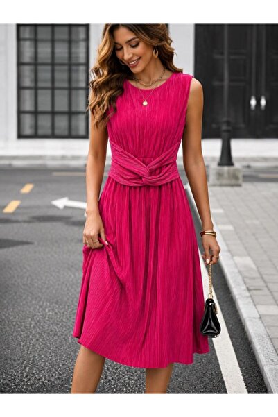 MODAVERA Women's midi dress with waist tie detail and pleated skirt