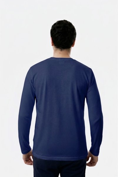 UNIQVIBE 100% Organic Cotton Navy Blue Crew Neck Long Sleeve Men's T-Shirt