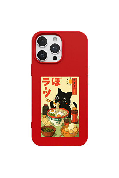 Casen iPhone 16 Pro Max Kırmızı Lansman Renkli Silikon Black Cat Tasarımlı Te...