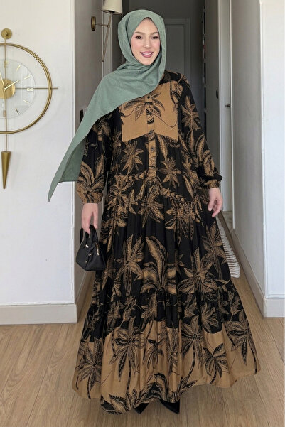 SaklıButik Peony Half Buttoned Leaf Pattern Viscose Dress