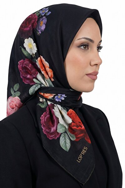 hadiora Women's Black Background Red Floral Patterned Organic Cotton Soft Scarf