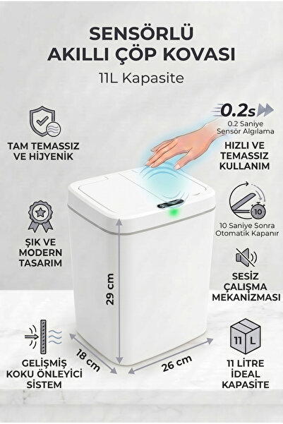 Strong Life 11 Lt Sensörlü Otomatik Kapaklı Çöp Kovası Sessiz Temassız Koku Ö...