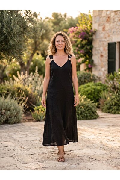 Punta Otantik Nc18292 Italian Shoulder Buckle Strap Linen Dress Black