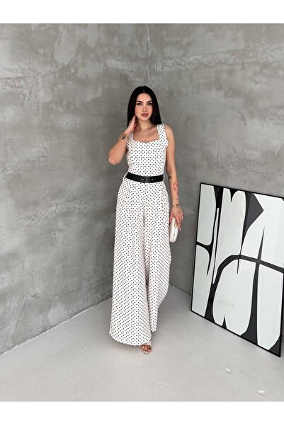 BLUSS Women's Polka Dot Belt Detailed Square Neck Palazzo Jumpsuit