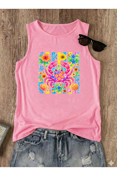 SUNFREE SUMMER YAZ COLORFUL Εμπριμέ καλοκαιρινό αμάνικο γυναικείο μπλουζάκι μ...