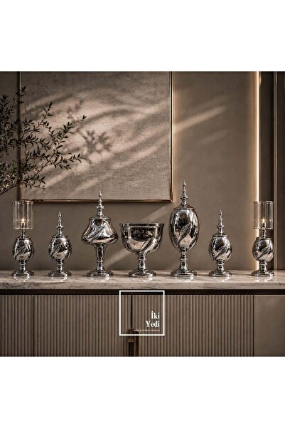 İki Yedi Konsept Tenerife Gümüş 7 Parça Lüks Dekoratif Set – Yaprak Detaylı A...
