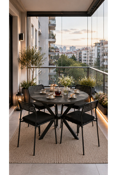 Flinder Siyah 4 Kişilik Minderli Balkon Takımı, Balkon Masası, Balkon Sandaly...