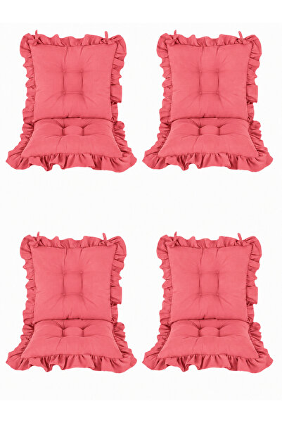 MİNDERHAN Fringed Chair Cushion with Backrest (Set of 4) 45X45 cm Salmon Pink