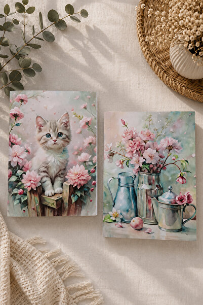 giftkonsept Pastel Pink Cat and Flower Themed Double Unlined Notebook Set