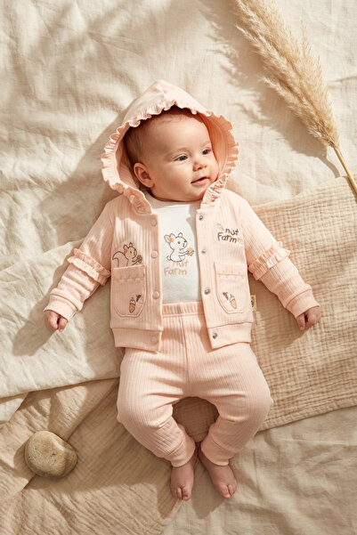 DYZSTAR Baby Powder Pink Ruffled Squirrel Embroidered 3-Piece Set - Cotton Ho...
