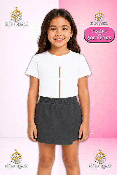 SİNREZ Girl's Set Paris Red and White Striped Printed Short Sleeve T-Shirt Sh...