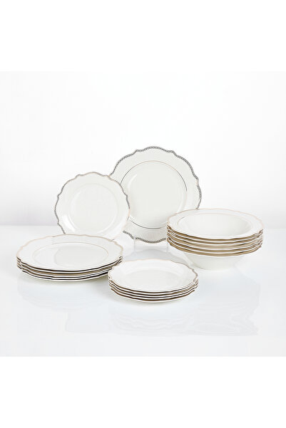 Malooki 18-piece Arabesque porcelain dinner set, white with silver trim, 6 pe...