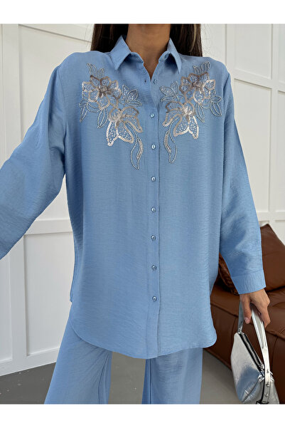 MİA NOURA Women's Oversize Shirt with Embroidered Front and Sleeves, Beaded Work