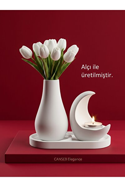 CANSEB Elegance 13CM Çiçek Pampas Vazosu & 11CM Hilal Mumluk & 17CM Oluklu Te...