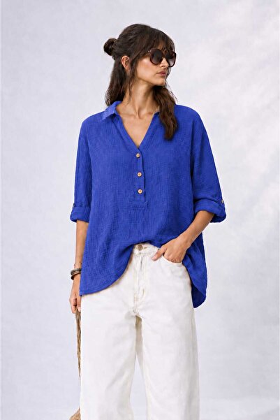 CES.İZ Women's Piece Painting Muslin Shirt with Washed Effect Oversize Loose ...