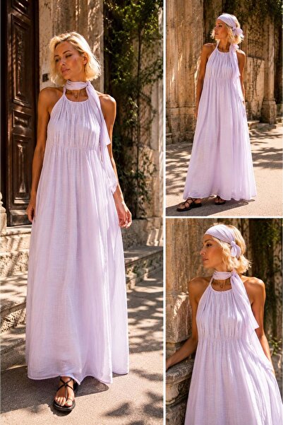 ibeeka Belle Epoque Lavender Shawl Detailed Maxi Dress in Lilac Color