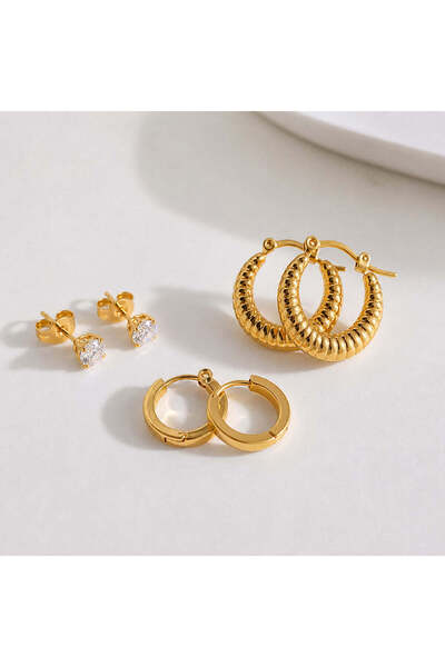 BIJUTERI Kpe-2033 Gold Textured Triple Earring Set