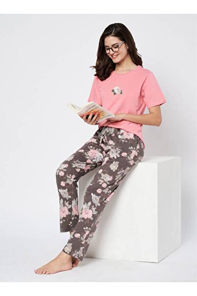 ParisBeauty ASH BLOSSOM PRINTED PYJAMA WITH BABY PINK T-SHIRT SET - ASH BLOOM...