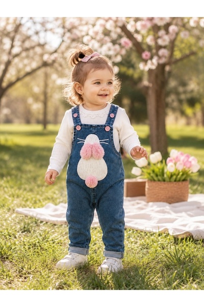Pure Boutique Baby girl outfit with Denim jumpsuit and white bunny pattern bl...