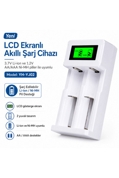 TAREZ YJ02 LCD Ekranlı 2 Yuvalı Akıllı Pil Şarj Cihazı - 18650, 21700, 26650,...
