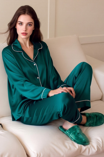 Pearlune طقم بيجامة نسائي من الساتان بأكمام طويلة - ملابس منزلية أنيقة مع صند...