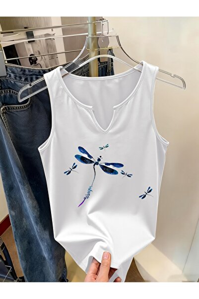 Deocept Women's Blue Dragonfly Printed Half V-Neck Sleeveless Regular Fit Cas...