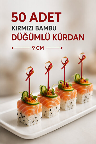 alenked Kırmızı Bambu Düğümlü 9cm Kokteyl Kürdanı 50 Adet