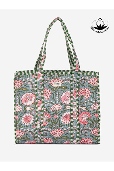 Strippe Floral Desenli Pamuklu Kumaş Yeşil Günlük Omuz Çantası - Tote Bag