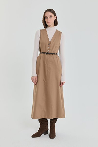 Nihan Denim Look Belted Sports Gilet - Camel
