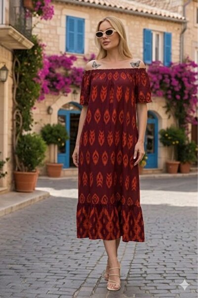 AYASOFYA OTANTIK Women's Madonna Collar Patterned Short Sleeve Loose Midi Dress