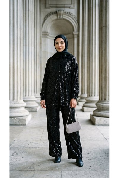 Arya Nisa Kids Women's Black Sequined Shirt and Pants Stylish Top and Bottom Set