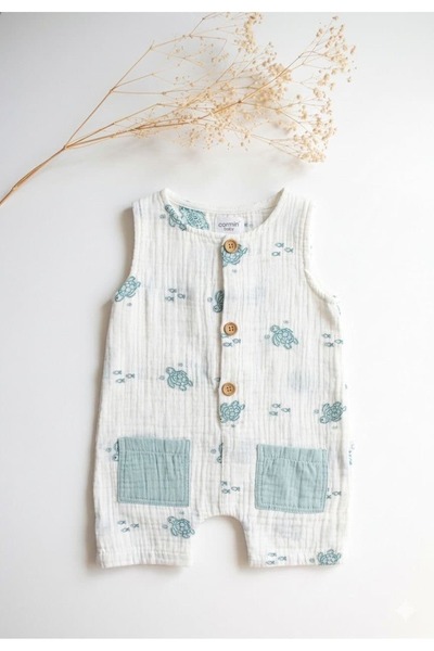 KapsülBebek Muslin Turtle Embroidered Baby Boy Jumpsuit - 100% Cotton