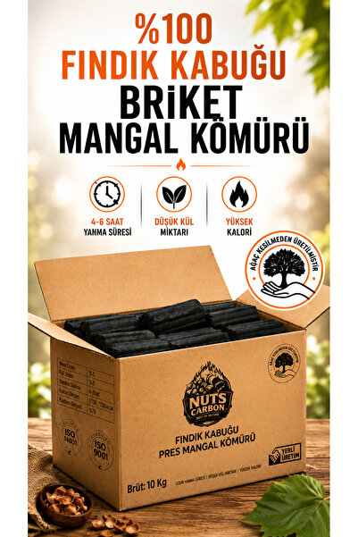 Nuts Carbon Briket Mangal Kömürü 10 Kg %100 Fındık Kabuğu Premium Uzun Yanma