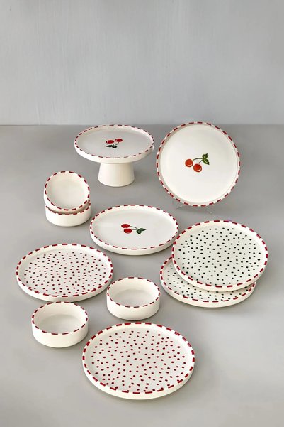 NESS HOME 11 Parça 6 Kişilik Cherry Stackable Kahvaltı Takımı - Kirazlı Kahvaltılık Sunum Tabağı