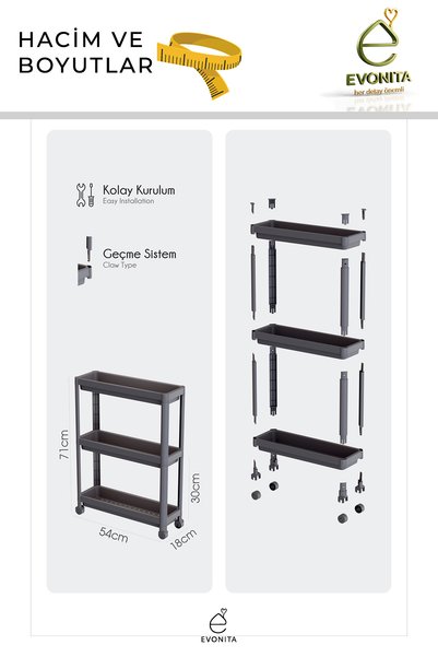 EVONİTA 3-Tier Rolling Bathroom Shelf Organizer Kitchen Organizer Multi-Purpose Serving Cart