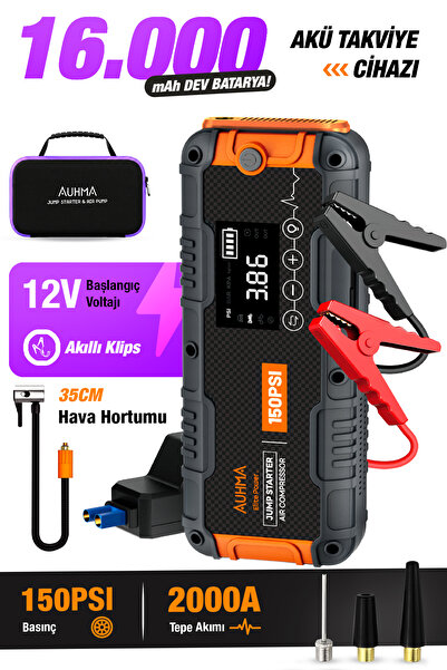 auhma A9955 16000mAh Araç Akü Takviye Cihazı ve Hava Kompresörü – 150 PSI Dij...