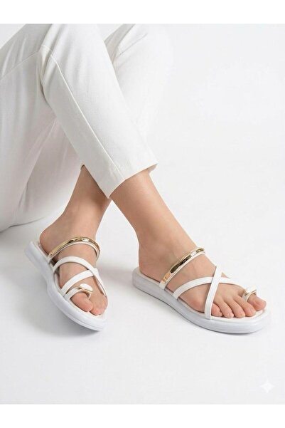 Lütfi Women's White Gold Ring Detailed Soft Sole Daily Flip Flops