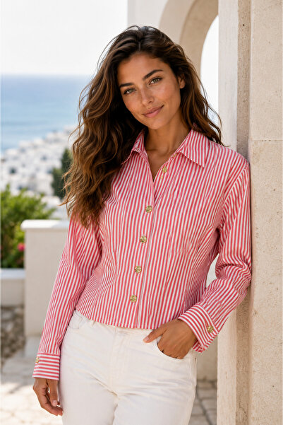 ABBRA Women's Gold Buttoned Striped Shirt