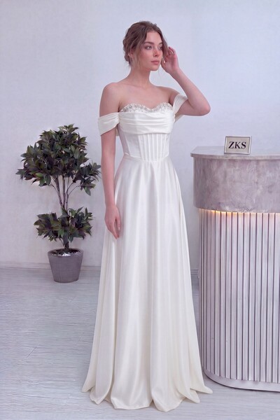 zks grup tekstil Women's Princess Model Off-Shoulder Corseted Stone Detailed ...