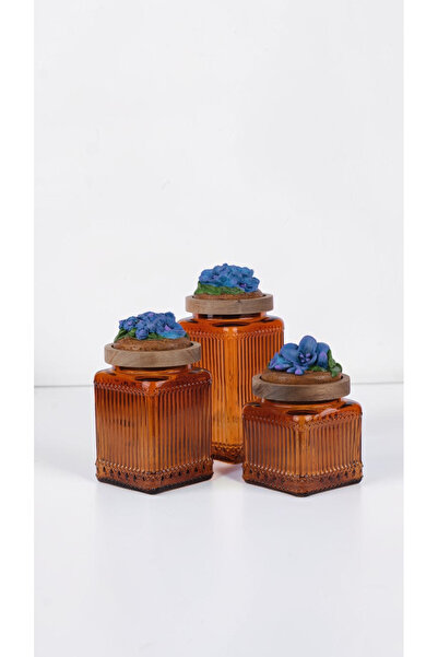 byUZUNOĞLU French Country Acacia Lid Premium Jar Set of 3 - Sapphire Flower D...