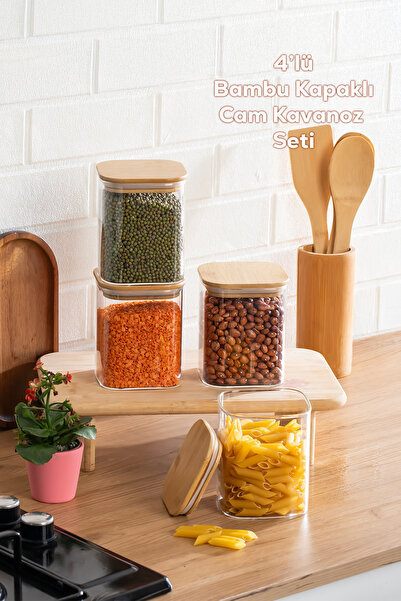 Porsima 5-4 Bamboo Vacuum Lid Square Borosilicate Glass Jar Set of 4 Storage ...