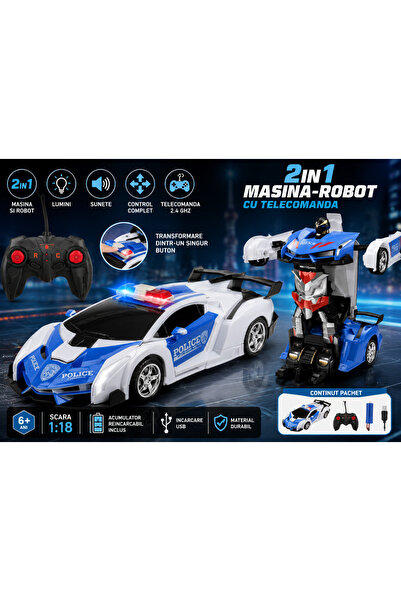 LEAN Masinuta robot cu telecomanda Bebelul politie 2in1 cu lumini si sunete 3...