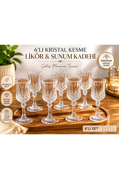 SUDELA 6’lı Kristal Kesme Cam Sunum Bardağı Ayaklı Şerbetlik İkram Seti