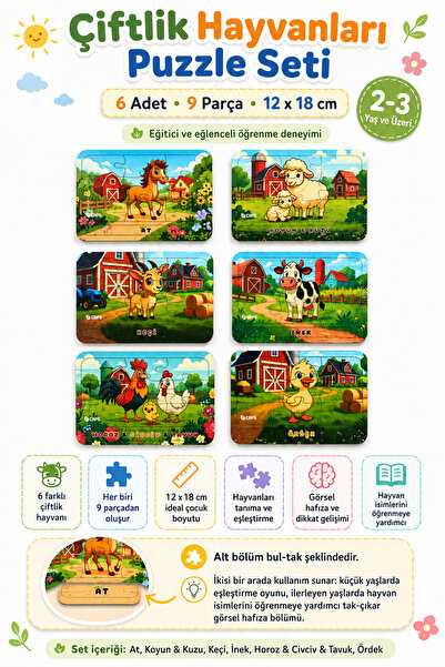 caps 6 Adet 9 Parça Çiftlik Hayvanları Eğitici Puzzle Seti 12x18 cm Bul-Tak H...