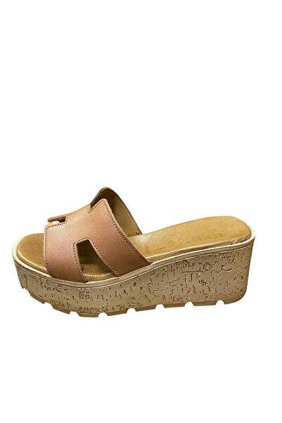Teğmen Women's Thick Filled Heel Genuine Leather H Model Slippers