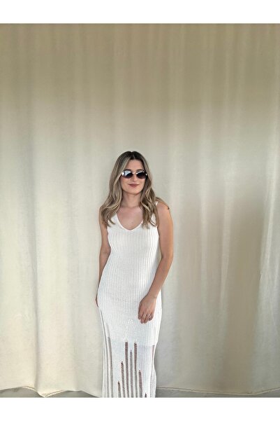 AlisBoutique Ajurlu V Yaka Uzun Triko Elbise Beach dress