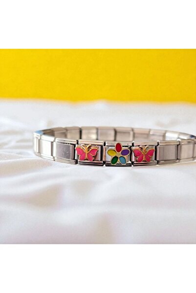 Sibelya Aksesuar Italian Charm Bracelet 3 Pieces Colorful Flower Silver Steel...