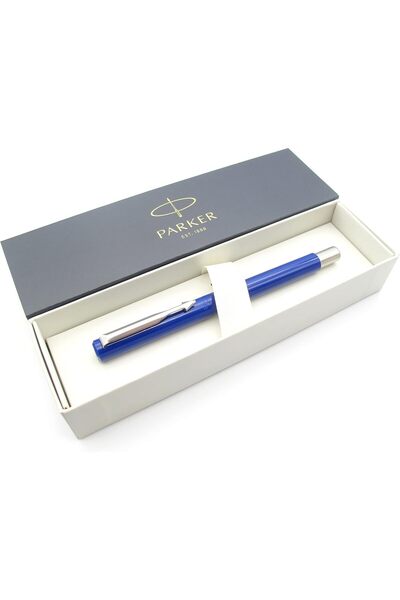 Parker قلم حبر فيكتور بجسم أزرق، ريشة دقيقة، حواف كروم، وعلبة هدايا