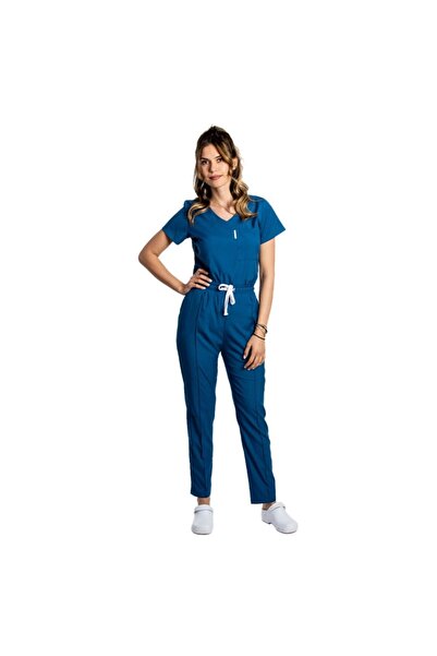 RUNI Costum medical stretch albastru jeans cu bluza in V si pantaloni cu snur...
